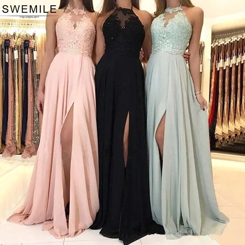 

SWEMILE Chic Halter Neck Lace Bridesmaid Dresses Sexy Open Back Wedding Party Dress with Slit Robe Demoiselle D'honneur