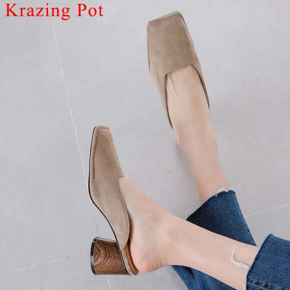 

Krazing Pot genuine leather slip on mules vintage wood high heels large size square toe pumps movie stars casual wear shoes L03