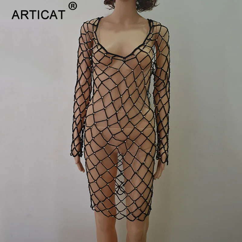 Articat Sexy Hollow Out Summer Dress Women Black Beads Crochet Backless See Through Mini Dress Casual Party Beach Dress Vestidos