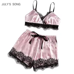 JULY'S SONG Сексуальная кружевная сатиновая Пижама весна лето женская кружевная без рукавов Слинг и шорты женская одежда для сна