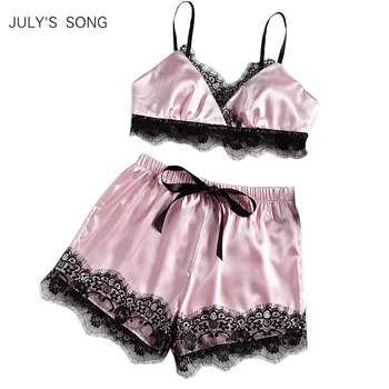

JULY'S SONG Sexy Lace Satin Pajamas Set Spring Summer Women Lace Sleeveless Sling and Shorts Women's Sleepwear