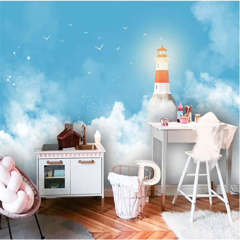 Современный минимализм детская комната обои 3D Средиземноморский голубое небо Маяк настенная бумага для детской комнаты декор стен