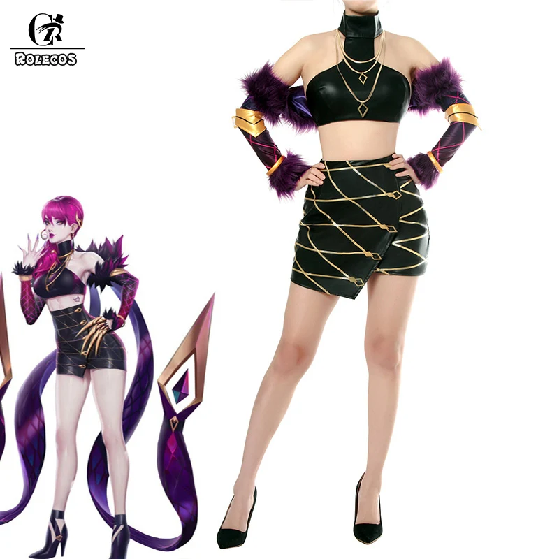 ROLECOS Game LOL K/DA Evelynn Cosplay Costume LOL KDA Evelynn Cosplay Costume Women Sexy Leather Costume Top Skirt Cape Full Set