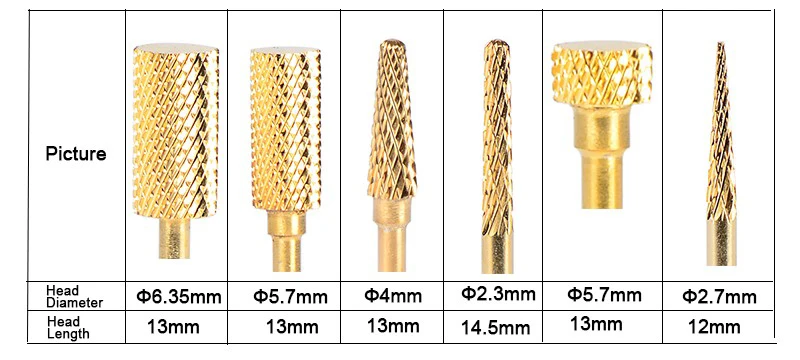 SpeTool 6 шт. Позолоченные вольфрамовые карбидные сверла для ногтей роторные сверла для удаления заусенцев Гель-лак аксессуар для электрического маникюра дрель D32