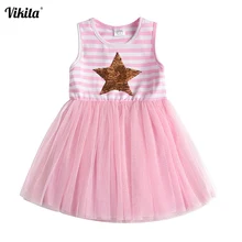 VIKITA платье с блестками для девочек; Детские платья принцессы с расклешенными рукавами; детское летнее платье-пачка; детская Корона со звездой и единорогом; Vestidos
