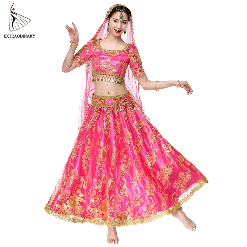 Bollywood Dance Performance Indian Dresses for Women - Costume Belly Dance Suits: Tops, Sleeve Coins (4pcs Set) - Top, Belt, Skirt, Veil image 5