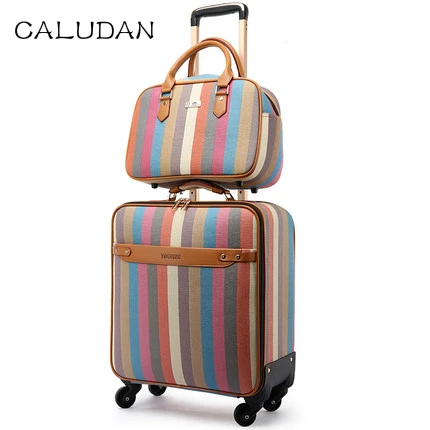 Женский красочный чемодан, сумка для багажа из искусственной кожи в полоску, модный чемодан на колесиках, Универсальная коробка с сумочкой