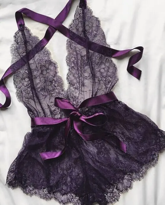 Элегантное фиолетовое сексуальное женское белье с лентами, на шнуровке, женское кружевное белье с цветочным принтом, Сексуальное эротическое белье, цельное сексуальное нижнее белье - Цвет: Фиолетовый