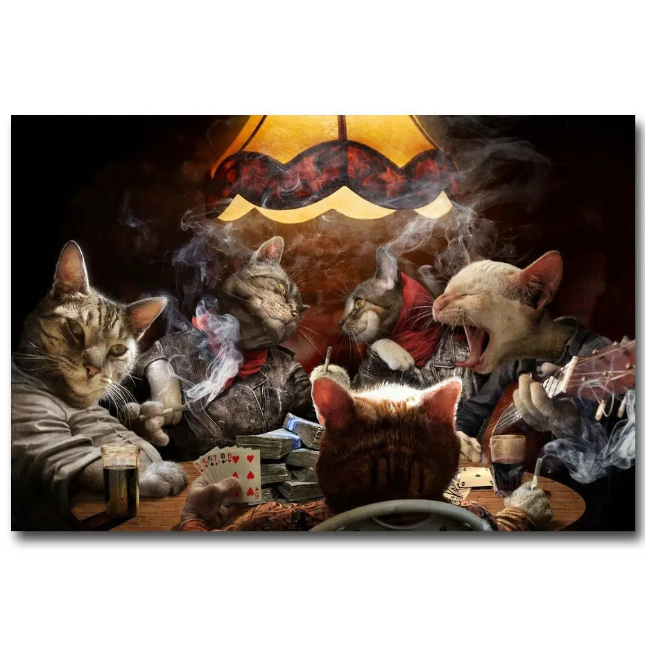 Hot Cats Game Playing Poker Funny-Silk Art Poster Wall Sicker Decoration Gift