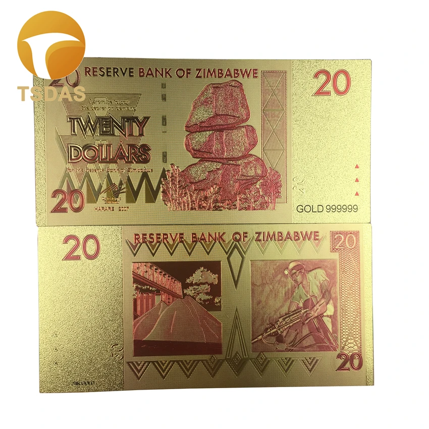 

Colored Zimbabwe 20 Dollars 24K Gold Banknotes For souvenir gifts and Collection Golden Banknote Drop Shipping