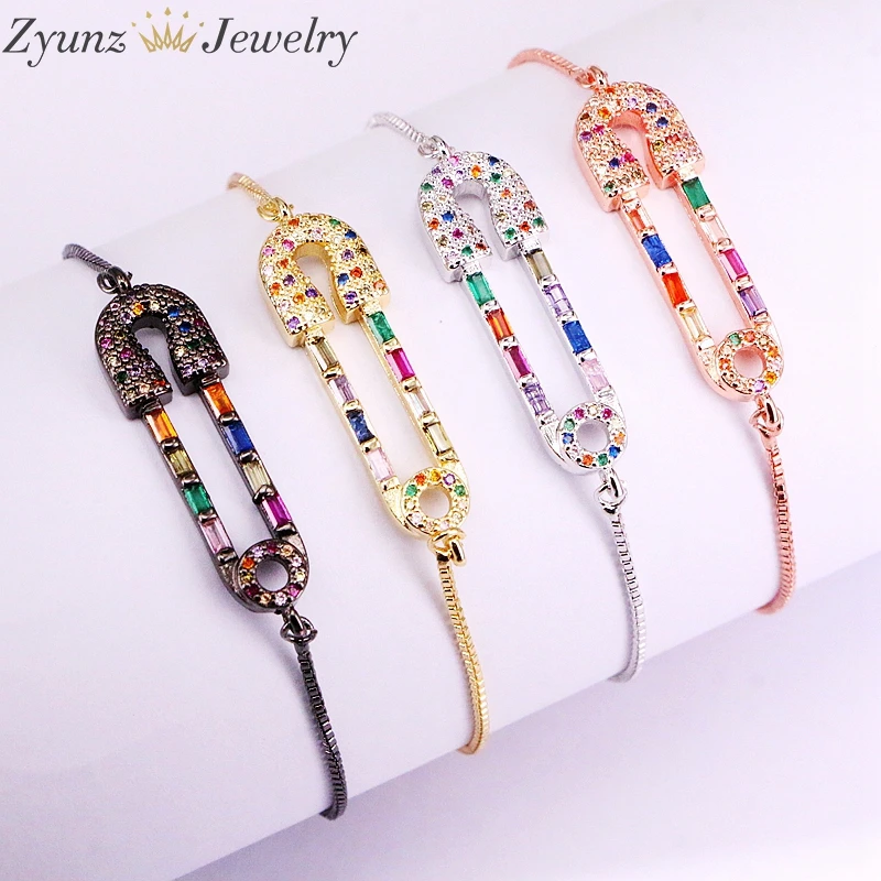 

10PCS, Rainbow CZ Charm Micro Cubic Zirconia Multi Pin Connector Bracelets Adjustable Chain For Women Jewelry