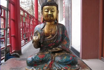 

150401 S0386 Tibet Folk Fane Old Bronze cloisonne Sakyamuni Tathagata Amitabha Buddha Statue