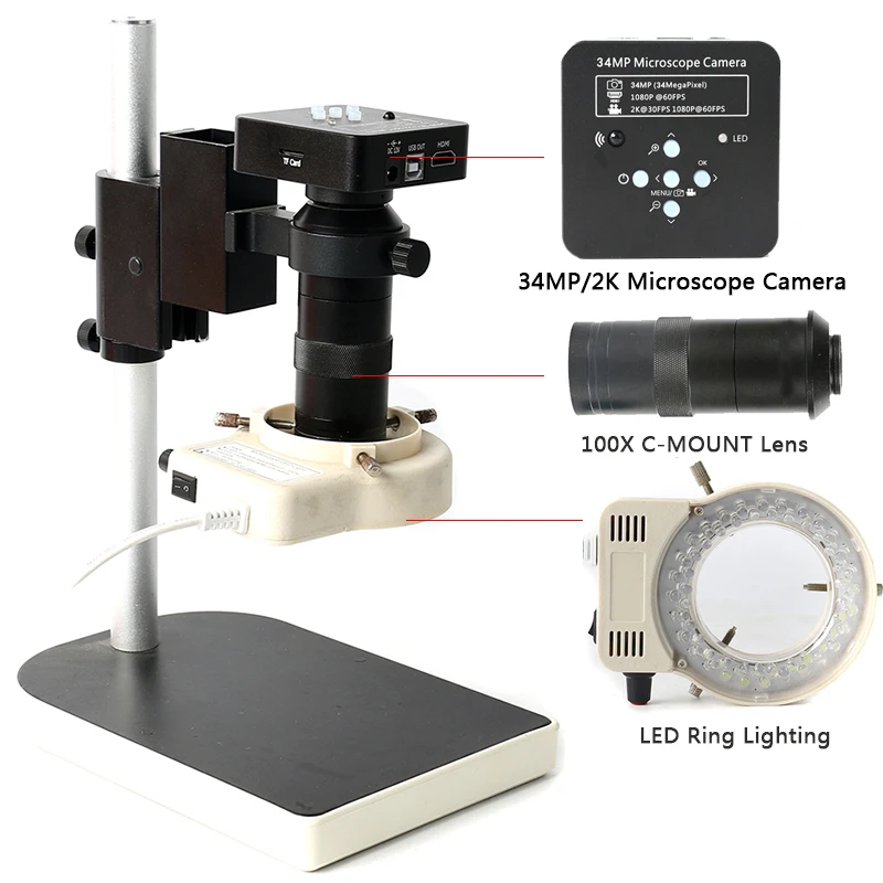 1080P 60FPS 34MP HDMI USB Cámara Industrial 2K TF grabadora de Video 100X microscopio electrónico c
