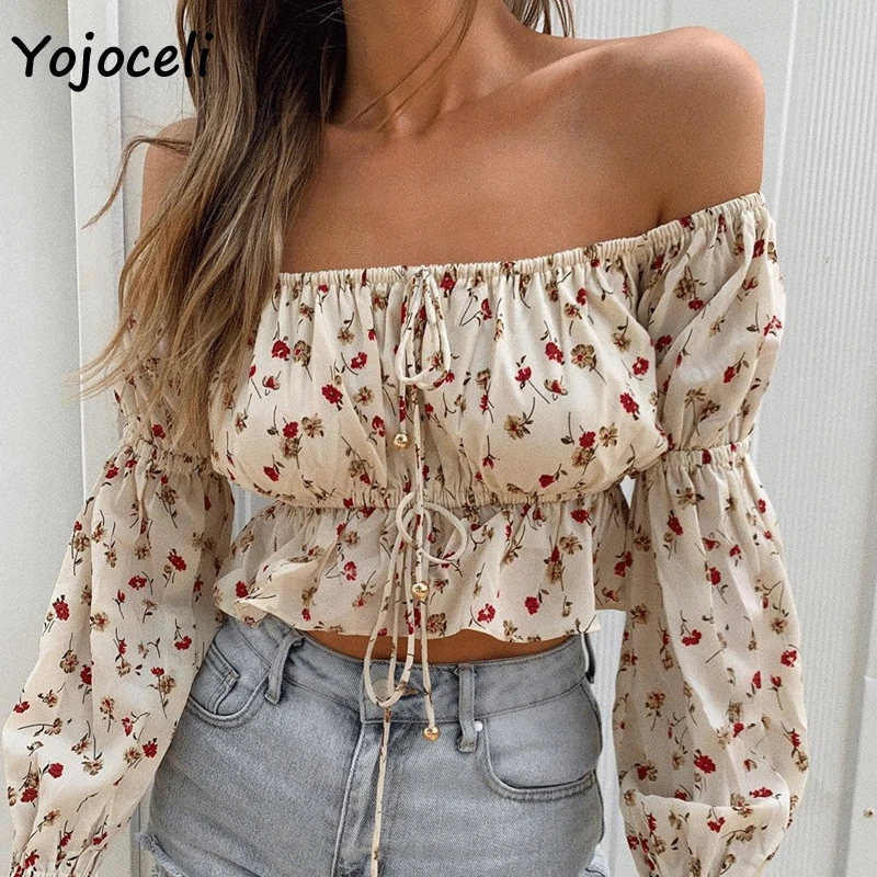 

Yojoceli floral print blouses women off shoulder lantern sleeve bow blouses streetwear female tops