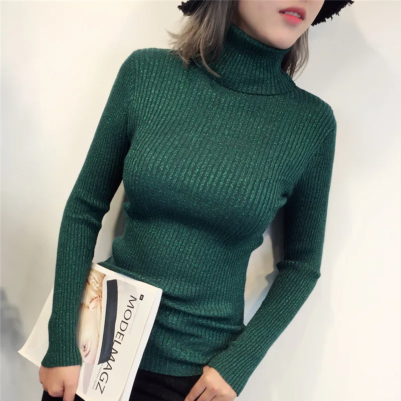 Осень Зима для женщин Водолазка Свитер Новая мода с длинным рукавом Bling Lurex пуловер из эластичной ткани вязаный джемпер Pull Femme