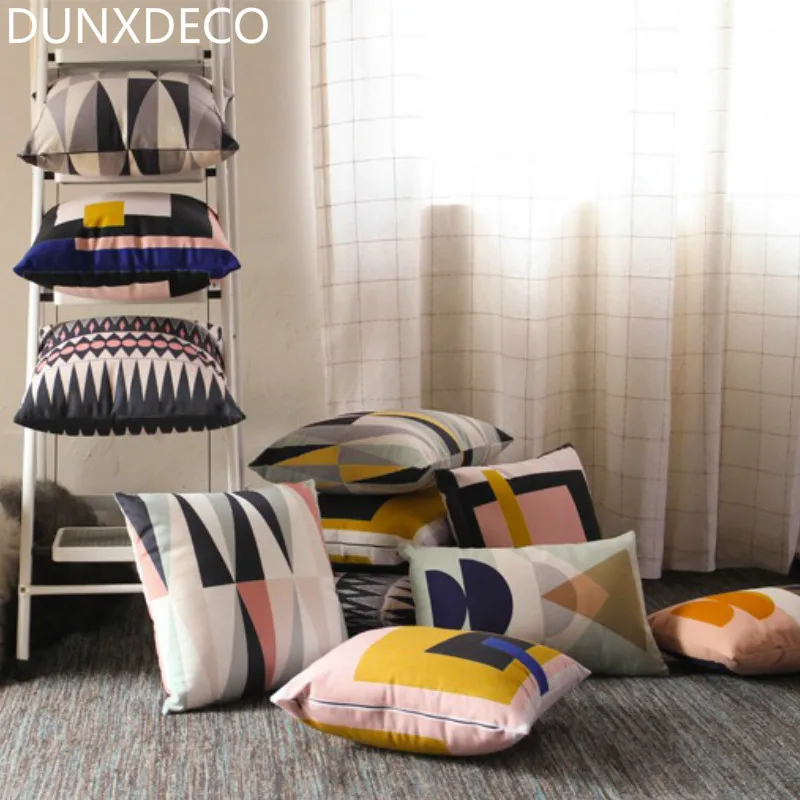 

DUNXDECO Cushion Cover Decorative Pillow Case Nordic Fresh Blue Pink Geometric Print Shame Home Office Modern Sofa Decor