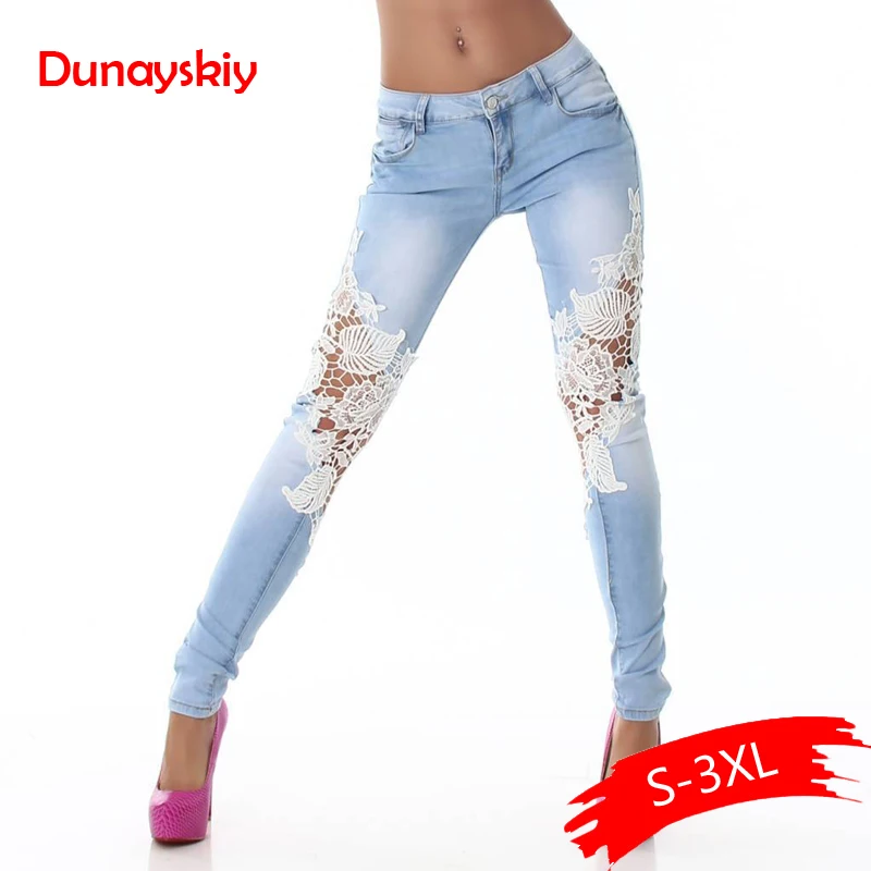 

Dunayskiy Lace Floral Spliced Jeans Woman Plus Size Skinny Slim Long Low Waist Denim Jeans Pencil Pants Trousers Female Clothes
