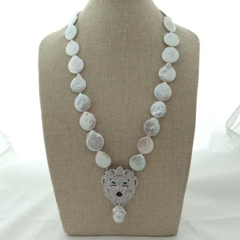 

25'' White Keshi Pearl Necklace CZ Pendant