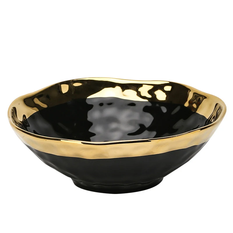 Ceramic White Steak Plate With Gold Edge Breakfast Tray Retro Bowl Dessert Pasta Dishes Western Food Container Ramen Bowl 1pcs