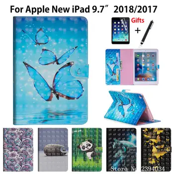 

3D Cartoon painted Case Cover For Apple iPad 9.7 2017 2018 5th 6th Generation A1893 A1954 Funda Coque Stand Shell +Stylus+film