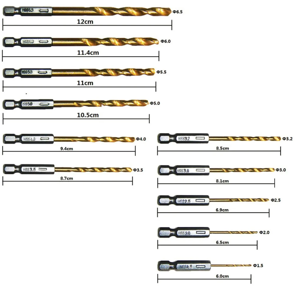 13 шт./лот 1,5-6,5 мм HSS шестигранный набор сверл с титановым покрытием 1/4 шестигранный хвостовик Сверло для деревообработки набор инструментов