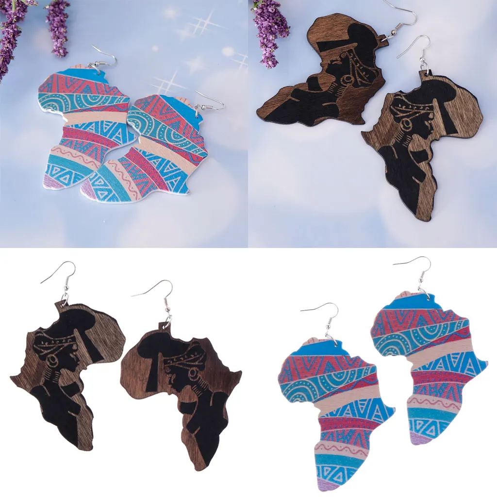 2 Pairs Vintage Wooden Ethnic Tribe African Map Lady Figure Dangle Drop Earring Fish Hook Belly Dancing Charms