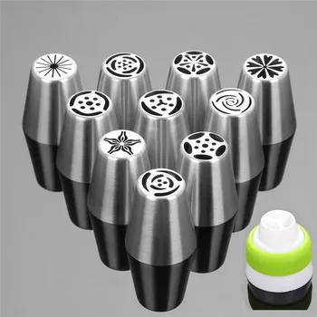 

10Pcs Cream Icing Piping Russian Nozzle Tips Pastry Cakes Decorating Tool with 1 Coupler