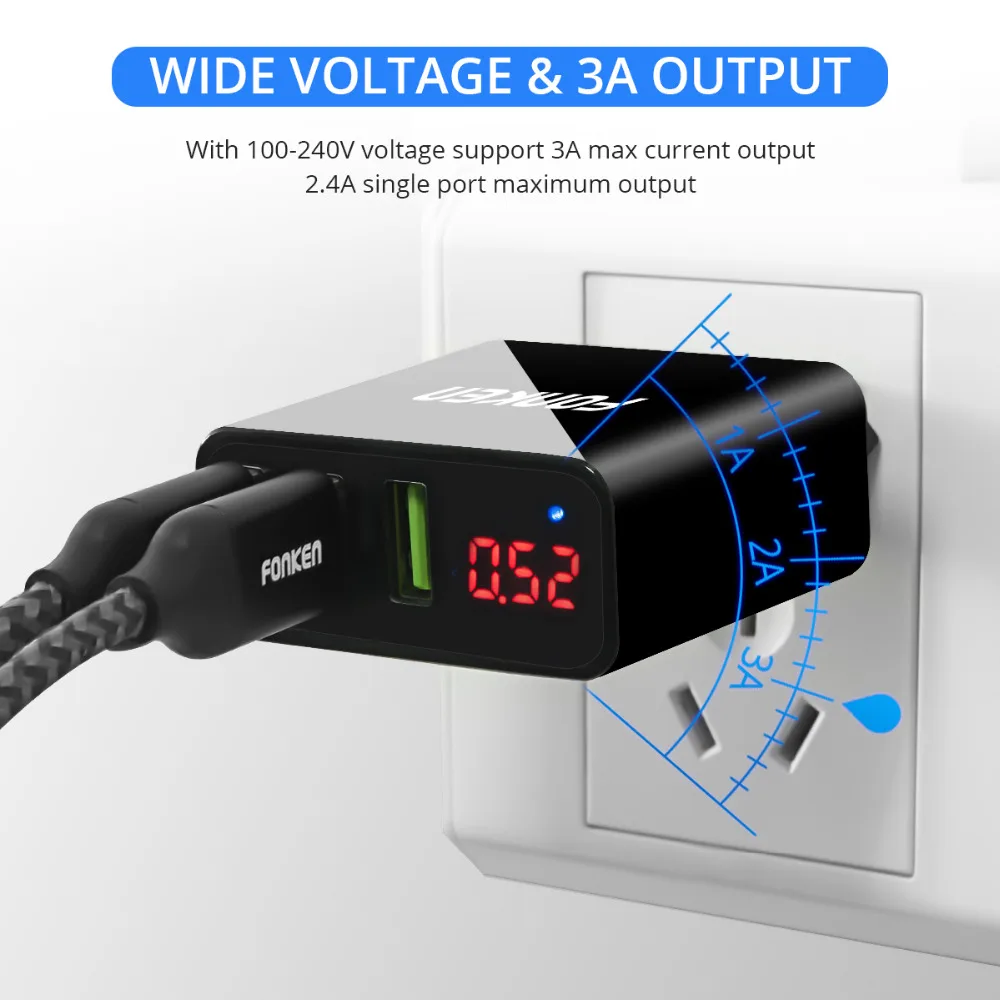 FONKEN 3 порта USB зарядное устройство адаптер светодиодный дисплей портативное быстрое зарядное устройство для путешествий зарядное устройство ЕС Быстрая Зарядка адаптер