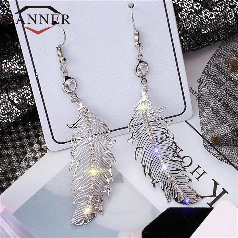CANNER Fashion Elegant Women Long Feather Drop Earring Metal-encrusted Simple Temperament Dangle Earring TH