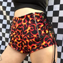 Харадзюку женские шорты с принтом огня, двойная молния, высокая талия, тонкий ремень, сексуальные Повседневные Шорты Для Женщин, летняя мода Tumblr