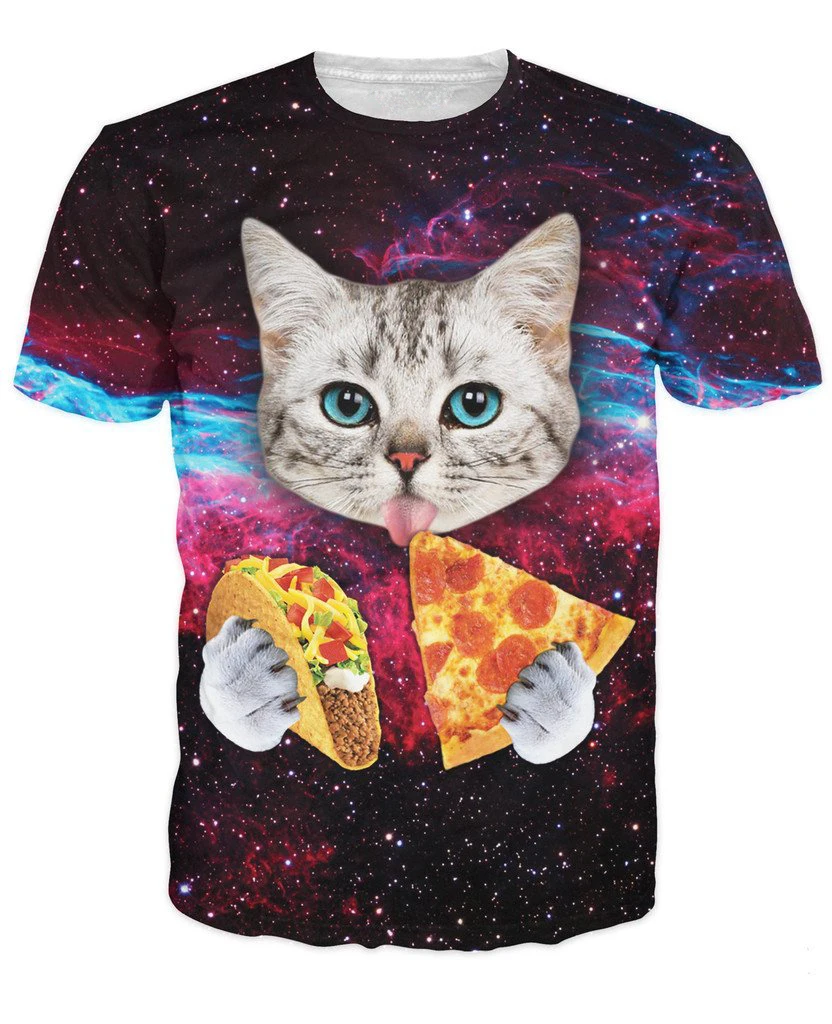 Taco Cat T Shirt a cute cat eating tacos and pizza in galaxy space 3d