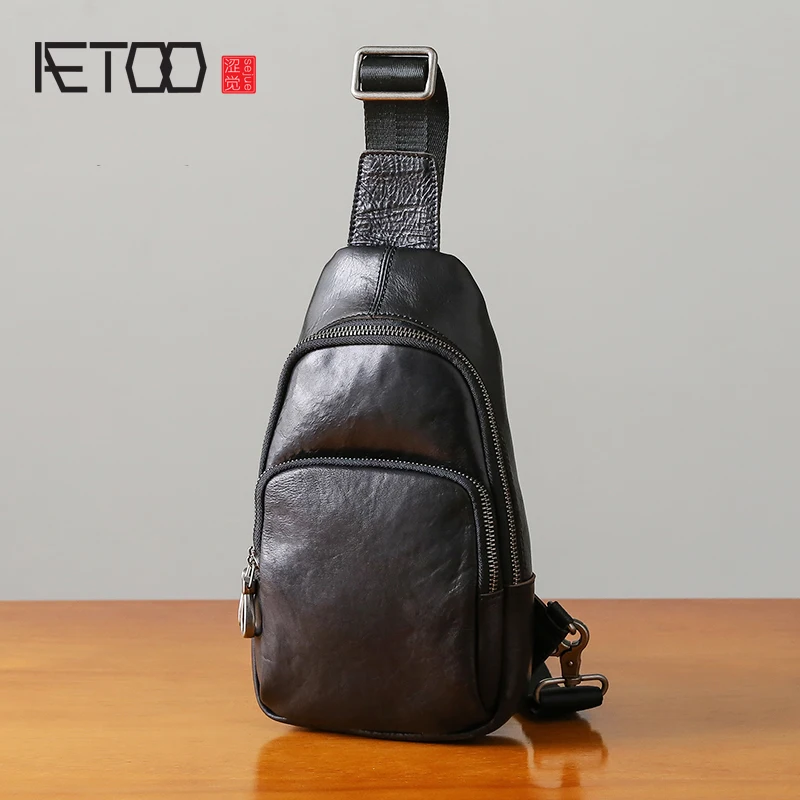 

AETOO Chest bag male leather casual men oblique cross bag trend fashion youth shoulder bag cowhide bag