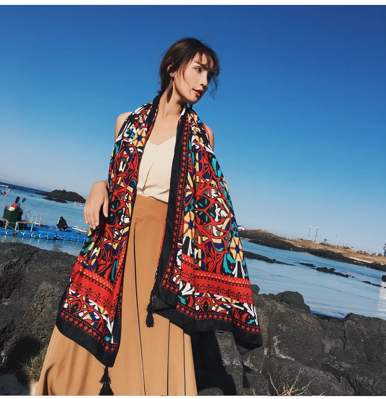 

KYQIAO Mexico style ethnic vintage long red print scarf echarpe femme hiver winter scarf for women designer printed scarf