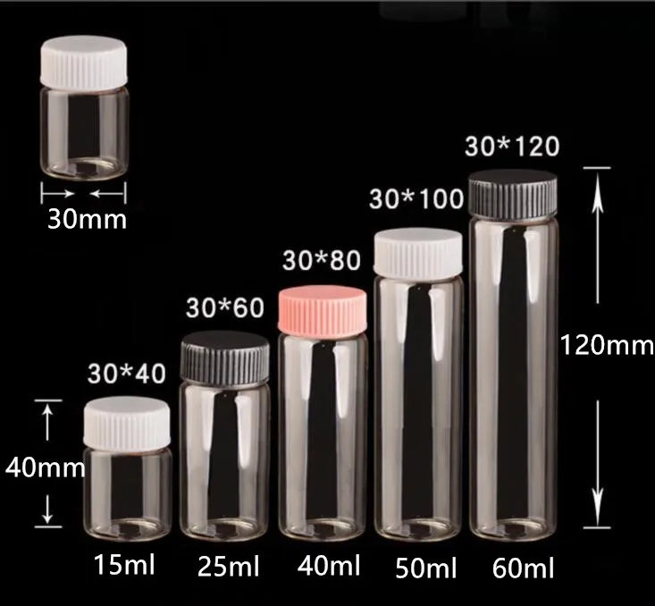 100 шт./лот 30* 40mm15ml Стекло Бутылки белый черный, розовый Пластик Кепки Еда Класс прозрачная стеклянная бутылка банки винт Кепки контейнеров