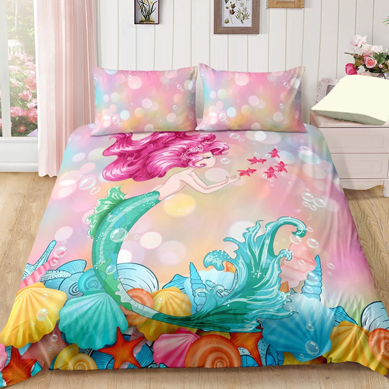 

Mermaid Cartoon Bedding Set Duvet Covers Pillowcases Twin Full Queen King Comforter Bedding Sets Bedclothes Girl room decor