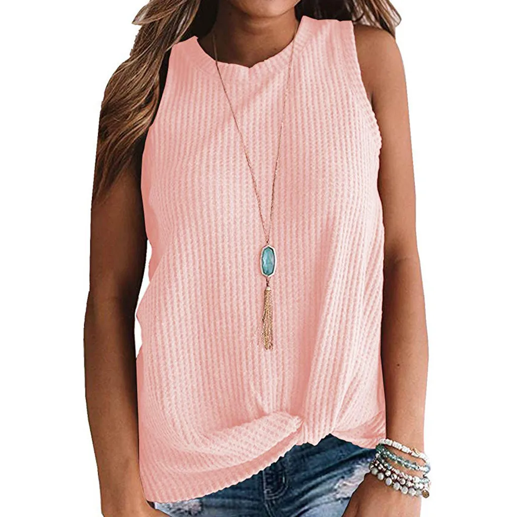 

Korean Style Women Casual Tops Sleeveless Cute Knot Waffle Knit Shirts Tops Koszulki Damskie T-Shirt Femme Kawaii Clothes Pink