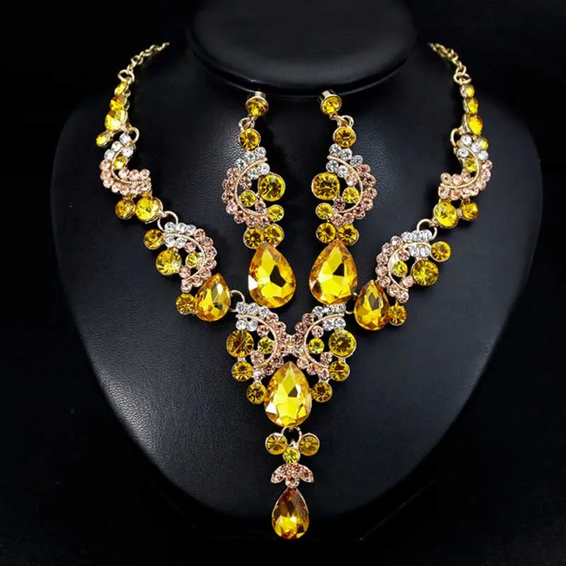 

Bohemian Chic Colorful Crystal Jewelry Set Rhinestone Flowers Bride Necklace and Earring Set Wedding Accessories For Women JL