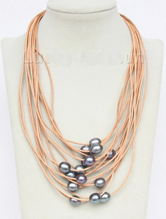 

shipping 17"-24" 15row black freshwater pearls khaki leather necklace j9708