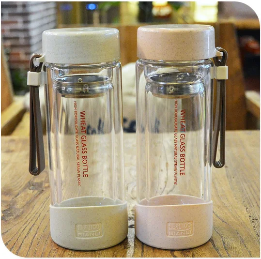 Creative green wheat straw double glass water bottle portable small