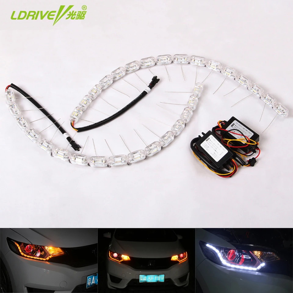 

Universal Car LED Crystal Telescopic Flowing Water Light White Daytime Running Light with Yellow Turn Signal Light Car Styling