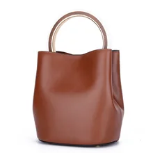 Genuine Leather Women Bucket Bag Handbag Gold Metal Round Top Handle Bag Ladies Purse Elegant Korean Style Fashion Hand Bag