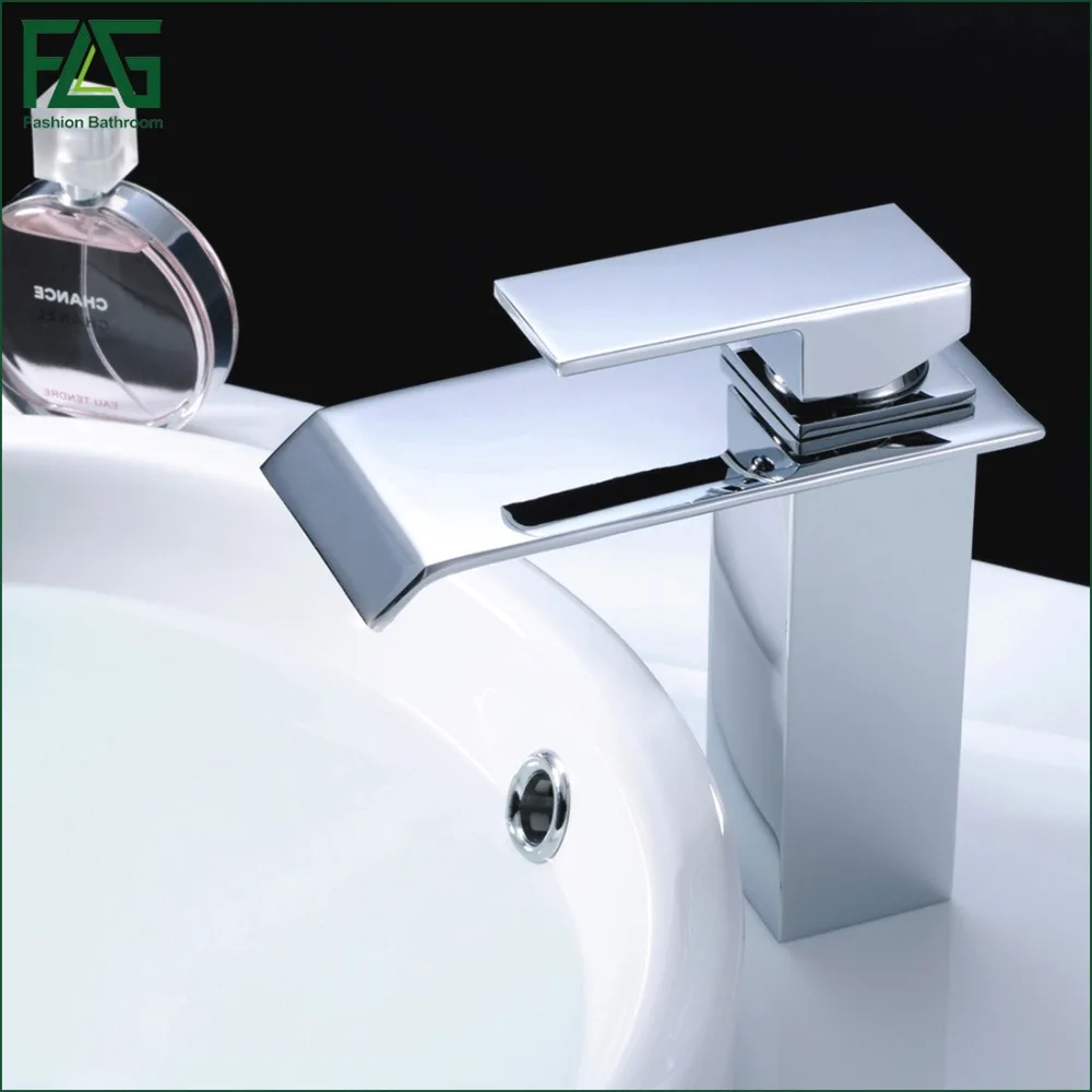 

FLG Waterfall Bathroom Faucet Chrome Cast Bath Tap Cold Hot Deck Mounted Square Vessel Faucet Sink Wash Basin Mixer Tap 100-11C