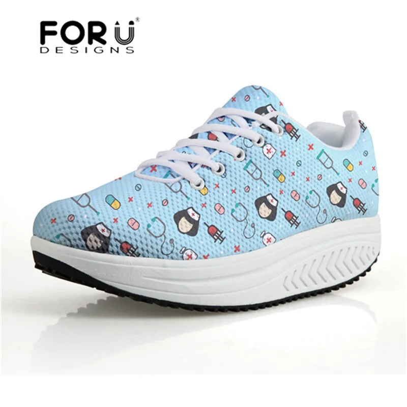 

FORUDESIGNS Cartoon Nurse Cute Printed Women Sneakers Tenis Feminino Platform Casual Swing Shoes Mesh Lightweight Wedge Sneakers