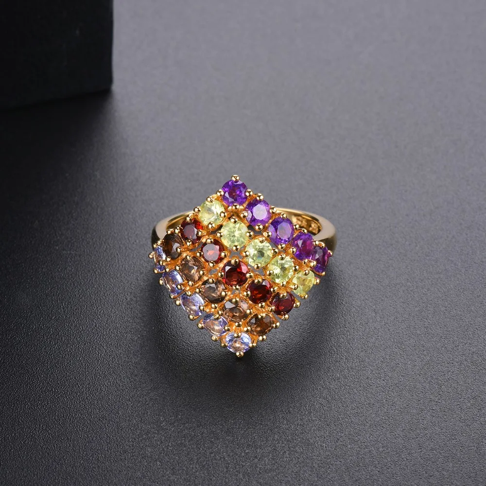 HUTANG Gemstones Rings Gold Solid 925 Sterling Silver Ring Natural Tanzanite Garnet Amethyst Fine Stone Jewelry Women Girls New