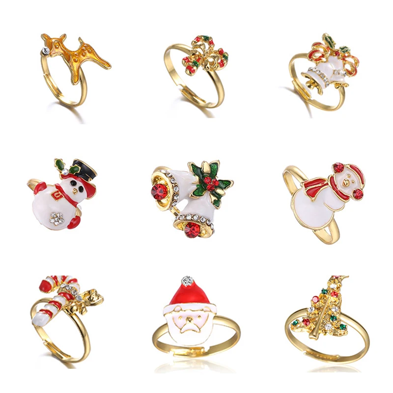 

Christmas Adjustable Ring Santa Claus Christmas Tree Enamel Jingle Bells Elk Crystal Rhinestone Unisex Fashion Jewelry Accessory
