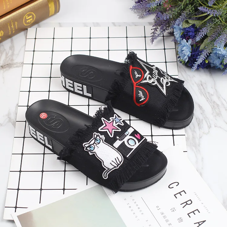 2019 Summer New Embroidery Womens Black Open Toe Slippers Tassel Denim Discount Womens Casual Shoes52