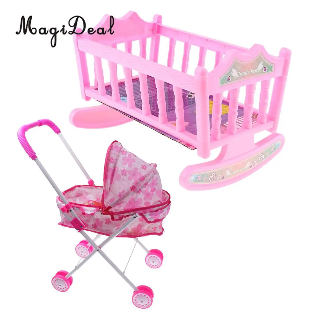 Simulation Pushchair Toy with  Baby Doll Stroller and Bed Cradle Kids Nursing Room Play Accessories Kids Gift