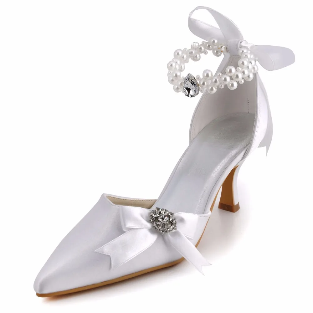 A0509 White Women Prom Pearls Ribbons Bridal Party Pointy Toe Pumps