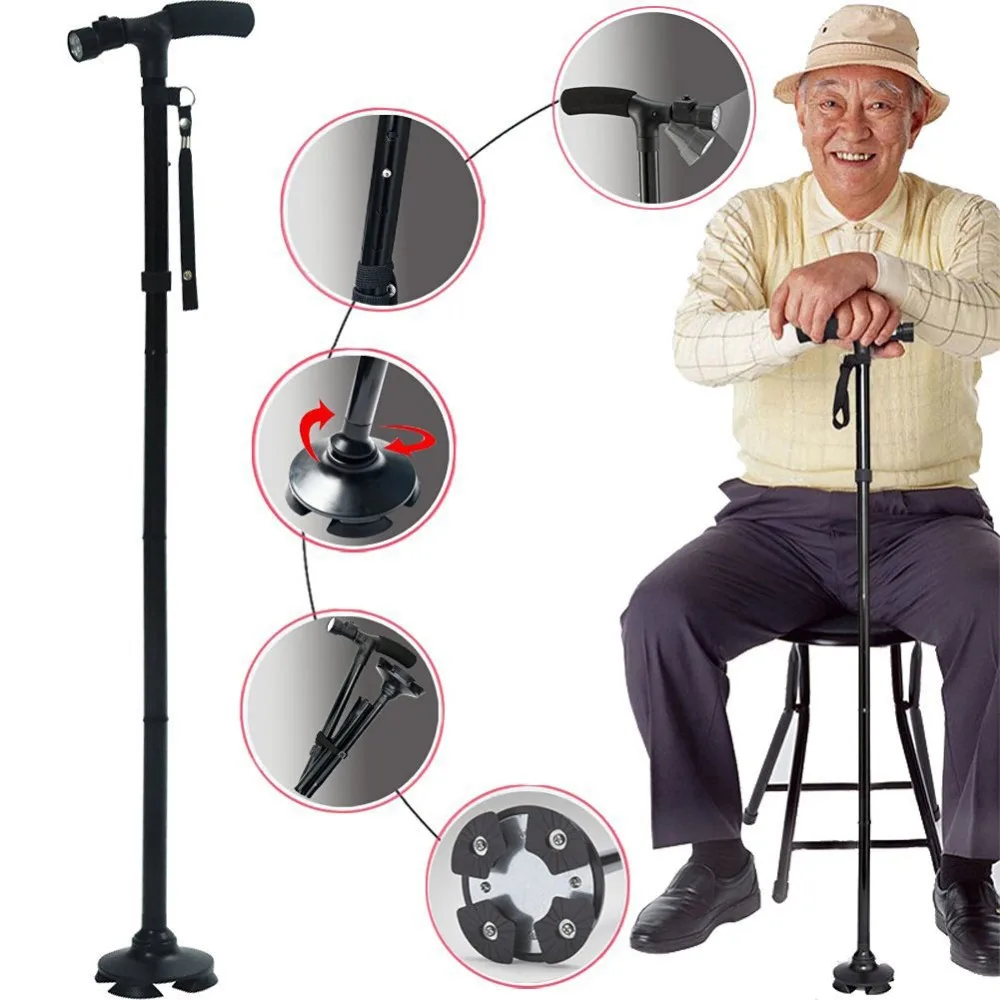 

Magic Stick Folding LED Security Light Walking Stick 4 Head Adjustable Swivel Base For Old Man T Handlebar Trekking Poles Ne