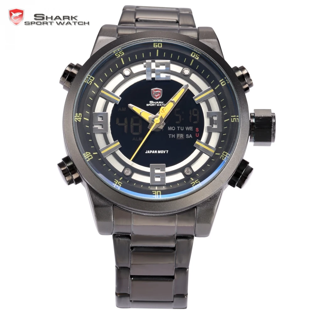 Prix pour Pèlerin shark sport montre automatique date jour chronomètre lcd noir jaune en acier bande relogio quartz militaire hommes numérique montres/sh342 Prix pour Pèlerin shark sport montre automatique date jour chronomètre lcd noir jaune en acier bande relogio quartz militaire hommes numérique montres/sh342